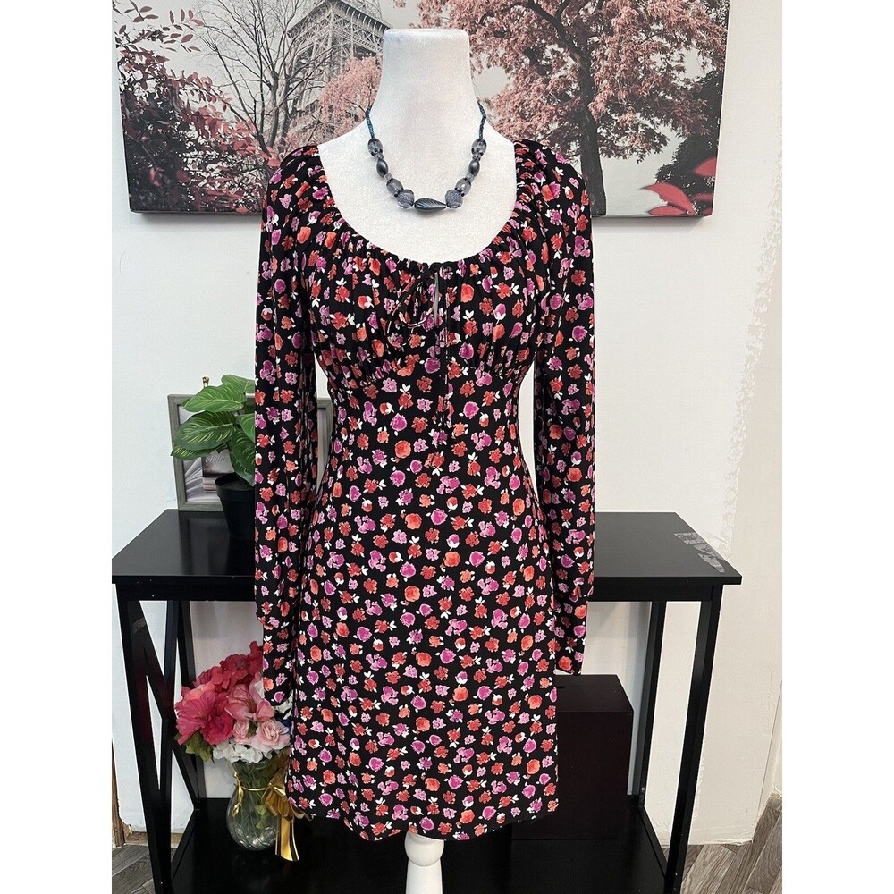 Love & Piece Collection Floral Dress M Black Pink Scoop Neck Long Sleeve Mini